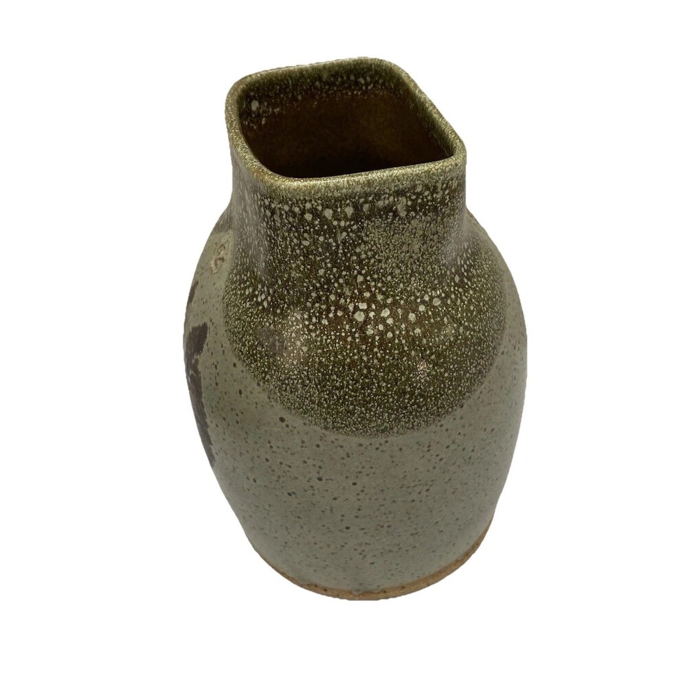 Art Pottery Artist Signed Studio Abstract Mottled Green Brown Bud Vase - Picture 3 of 7